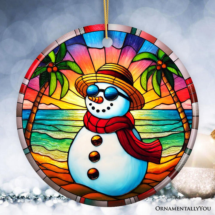 Tropical Holiday Sunset Snowman Ornament, Vibrant Beach Christmas Keepsake Ceramic Ornament OrnamentallyYou Circle