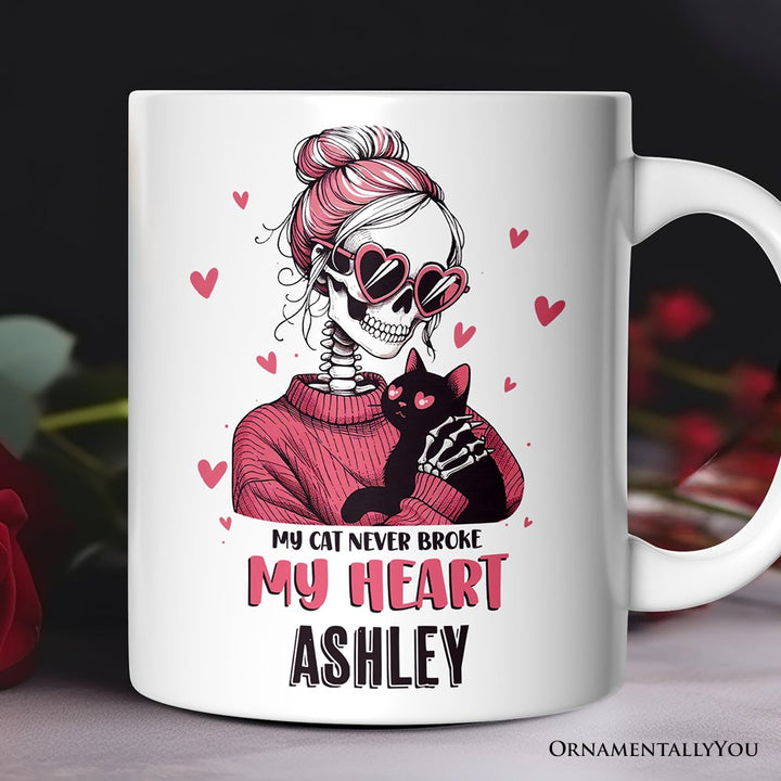 Valentine Day Girl Skeleton Personalized Mug, My Cat Never Broke My Heart Funny Gift With Custom Name Personalized Ceramic Mug OrnamentallyYou 12oz Mug Customized