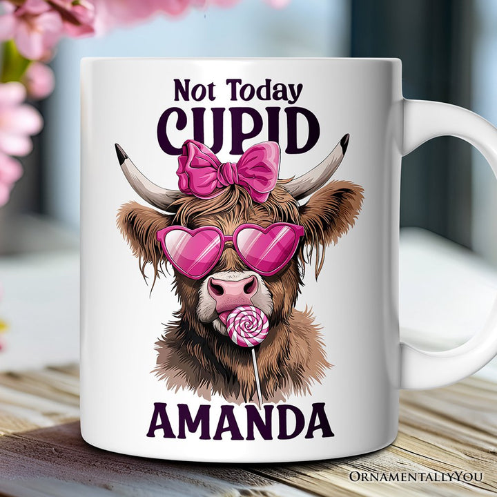 Valentines Highland Cow Personalized Mug, Not Today Cupid Funny Cow Lover Gift Personalized Ceramic Mug OrnamentallyYou 12oz Mug Customized