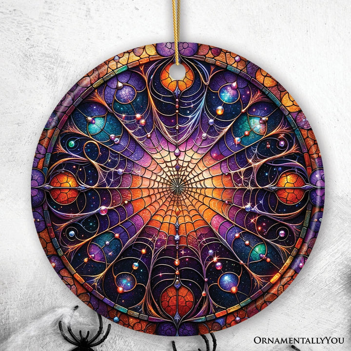 Whispering Shadows Enchanted Cobweb Stained Glass Style Ceramic Ornament, Halloween Themed Christmas Gift and Decor Ceramic Ornament OrnamentallyYou Circle