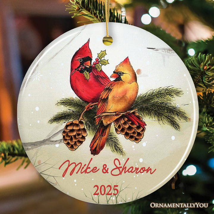 Winter Cardinal Couple Personalized Ornament Ceramic Ornament OrnamentallyYou Circle