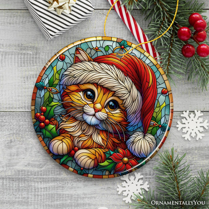 Adorable Cat in Santa Hat Stained Glass Style Ceramic Ornament, Christmas Gift and Decor Ceramic Ornament OrnamentallyYou