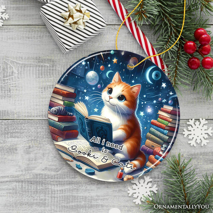 All I Need is Books & Cats Ceramic Ornament, Book Lover Gift of Imagination and the Universe Ceramic Ornament OrnamentallyYou