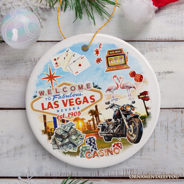 Artistic Las Vegas Collage Art Ceramic Ornament, Slot Machines Cards and Casino Travel Souvenir Ceramic Ornament OrnamentallyYou