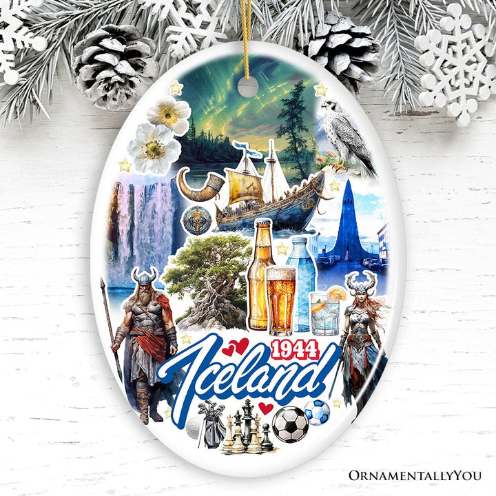 Artistically Majestic Iceland Landmarks Ornament, Cultural Norse and Viking Christmas Gift and Reykjavik Souvenir Ceramic Ornament OrnamentallyYou Oval