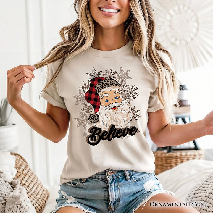 Believe Santa Buffalo Plaid T‑Shirt, Retro Christmas Tee T-Shirts OrnamentallyYou