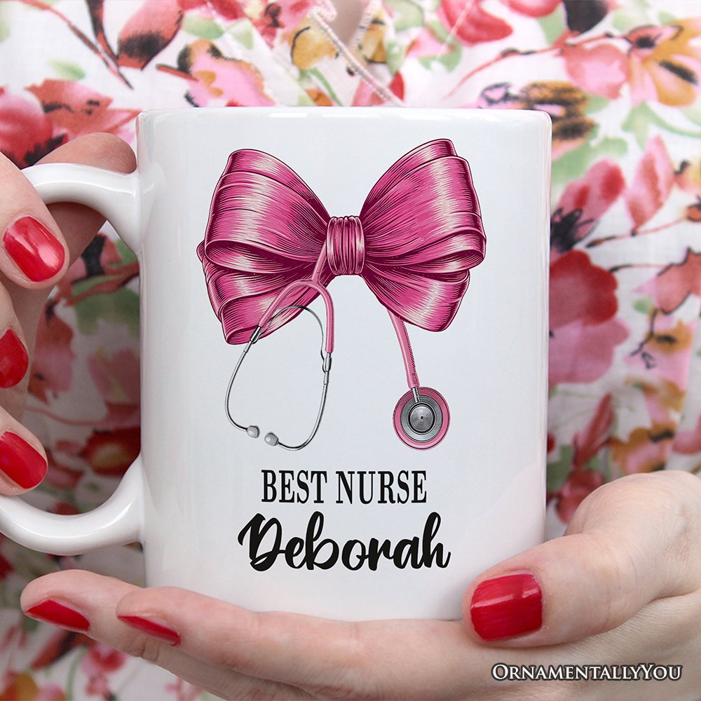 Best Nurse Coquette Pink Bow Personalized Mug, Pink Stethoscope, Gift for Nurse With Custom Name Personalized Ceramic Mug OrnamentallyYou