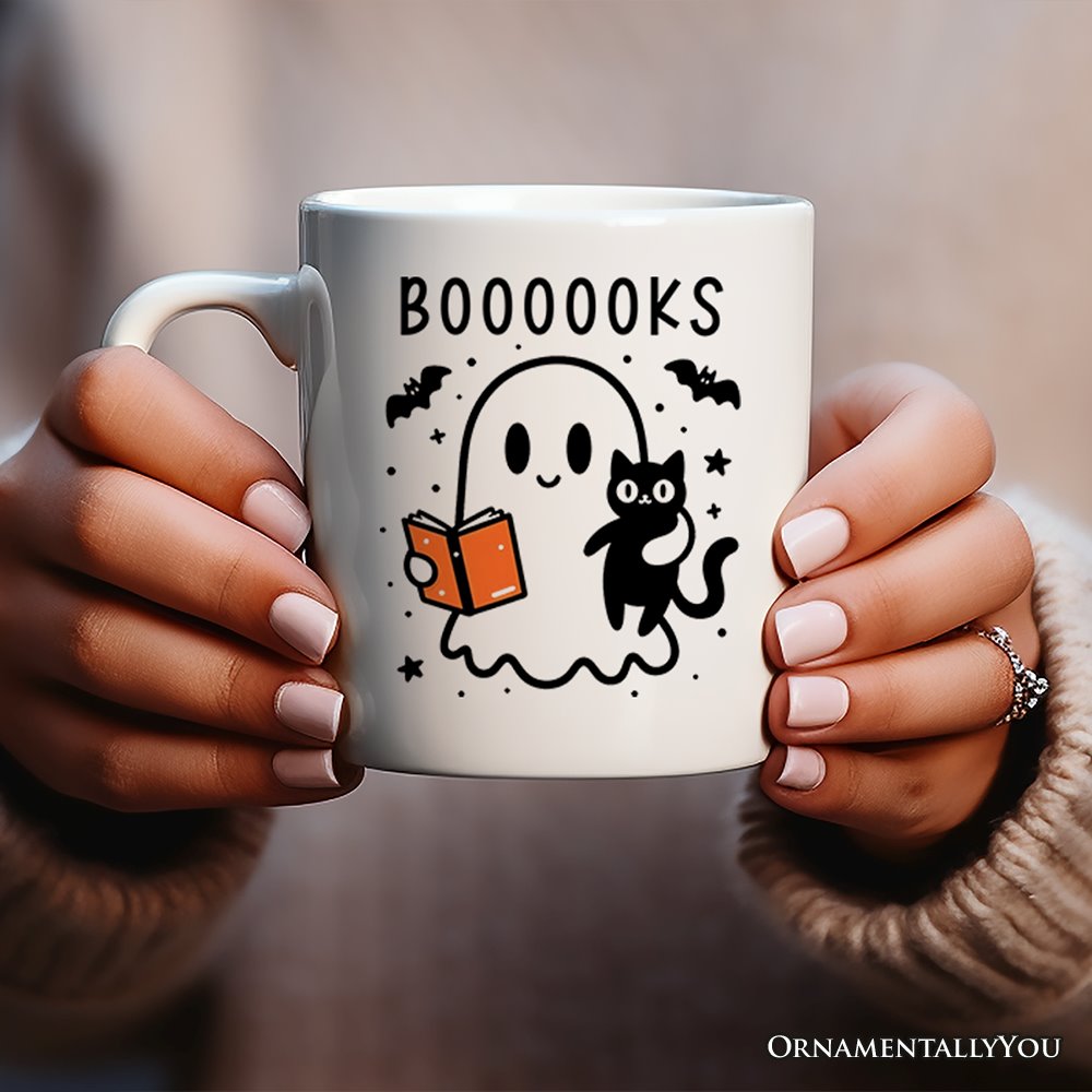 Boooooks and Purrs, Personalized Halloween Mug, Cute Books and Cats Lover Ghost Gift with Custom Name Personalized Ceramic Mug OrnamentallyYou 12oz Mug Non-Custom