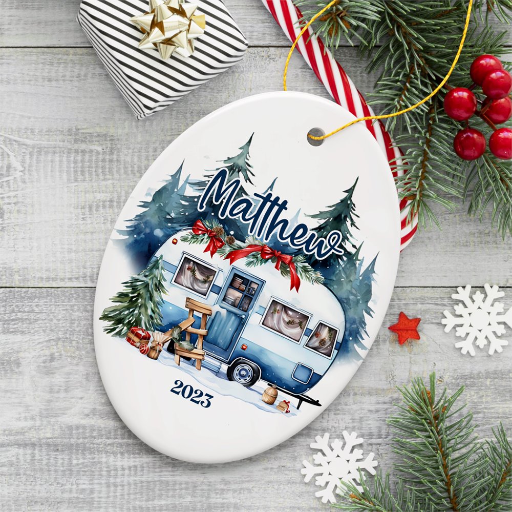 Camping Personalized Ornament, Enchanted Frost Winter Christmas Gift With Custom Name and Date Ceramic Ornament OrnamentallyYou Oval 