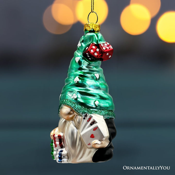 (Pre-Order) Casino Poker Gnome Glass Ornament, Cute Christmas Gambler Glass Ornament OrnamentallyYou