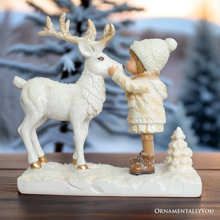 (Pre-Order) Charming Deer and Little Girl Figurine, 7.5" Vintage Christmas Garden Statue Resin Statues OrnamentallyYou