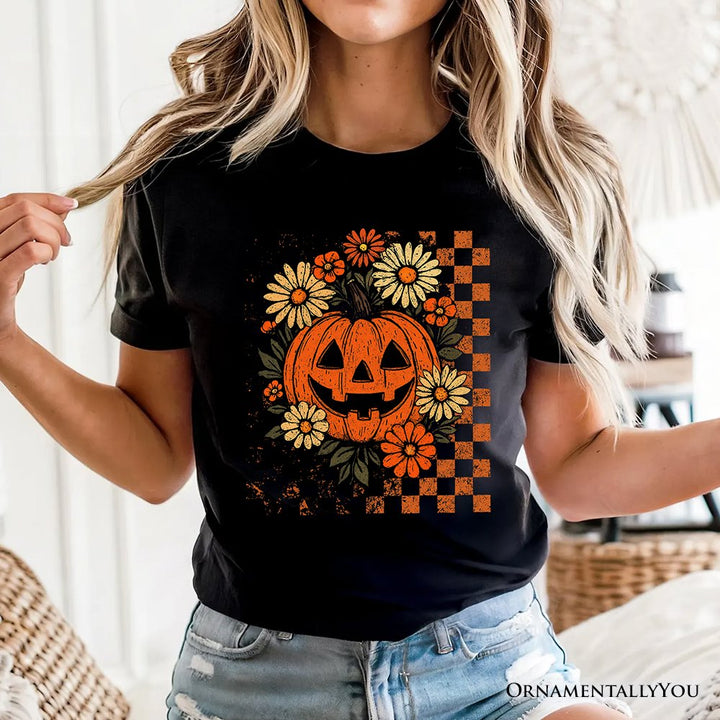 Checkered Floral Pumpkin T-Shirt, Retro Preppy Halloween Tee for Spooky Season Vibes T-Shirts OrnamentallyYou
