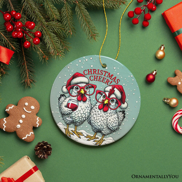Christmas Cheer Chicken Ornament, Whimsical Holiday Tree Decoration Ceramic Ornament OrnamentallyYou