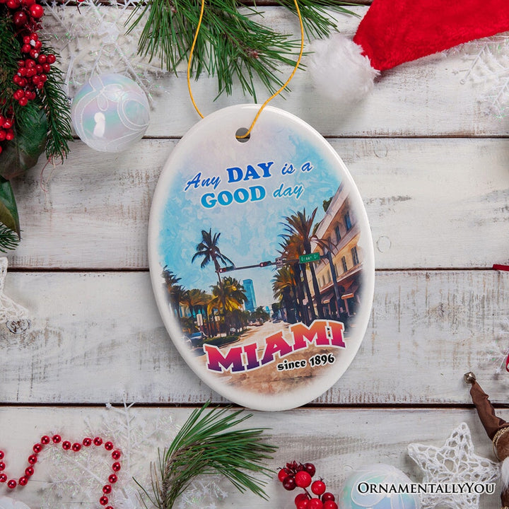 Classic Miami Living Stroll Through Paradise Ornament, Scenic Ocean Drive Artwork Souvenir Ceramic Ornament OrnamentallyYou