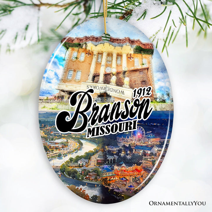 Culturally Vibrant Branson City Ceramic Ornament, Missouri Souvenir and Christmas Tree Decor Ceramic Ornament OrnamentallyYou Oval