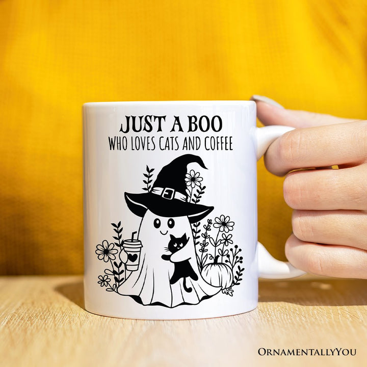 Cute Ghost with Black Cat Personalized Mug, Cat and Coffee Lover Halloween Gift Personalized Ceramic Mug OrnamentallyYou 12oz Mug Non-Custom