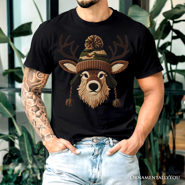Deer Head Camo Hat Christmas T-Shirt, Imitation Latch Hook Yarn Cozy Hunting Season Tee