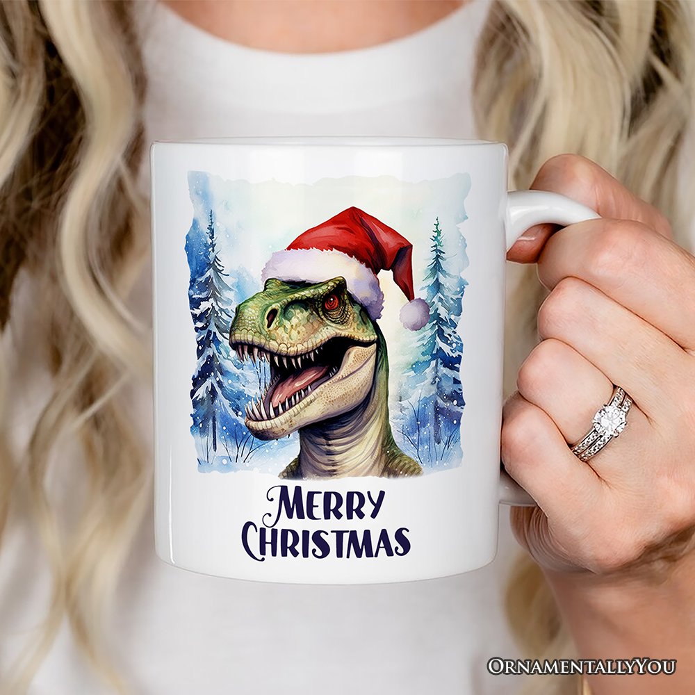Dinosaur with Santa Hat Personalized Mug, Winter Forest Christmas Gift With Custom Name and Date Personalized Ceramic Mug OrnamentallyYou