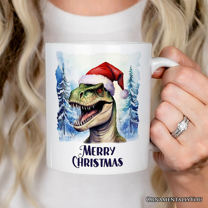 Dinosaur with Santa Hat Personalized Mug, Winter Forest Christmas Gift With Custom Name and Date Personalized Ceramic Mug OrnamentallyYou