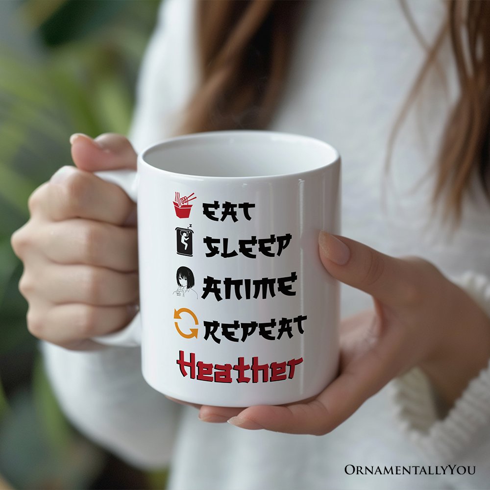 Eat Sleep Anime Repeat Personalized Mug, Funny Anime Lover Gift With Custom Name Personalized Ceramic Mug OrnamentallyYou