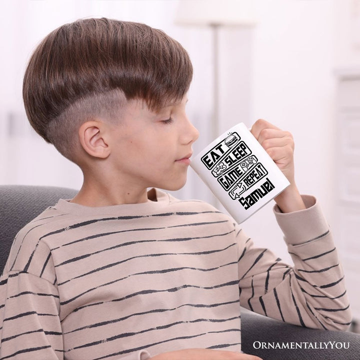 Eat Sleep Game Repeat Personalized Mug, Funny Gamer Gift With Custom Name Personalized Ceramic Mug OrnamentallyYou