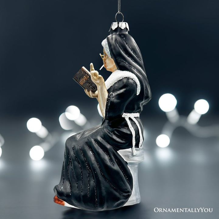 (Pre-Order) Eccentric Gothic Smoking Nun on Knees Glass Ornament, Unique Halloween and Emo Home Decor Glass Ornament OrnamentallyYou