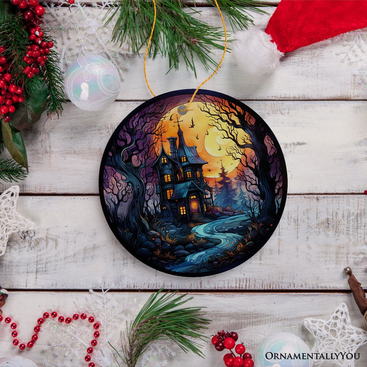 Eerie Abode Amidst Spooky Trees Stained Glass Style Ceramic Ornament, Halloween Themed Christmas Gift and Decor Ceramic Ornament OrnamentallyYou