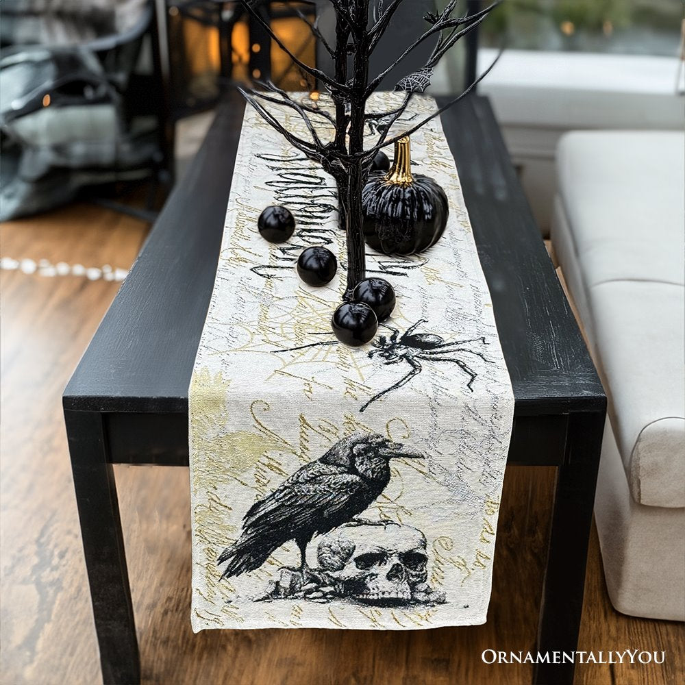 Elegant 72" Gothic Jacquard Table Runner, Halloween Tablecloth with Spider Webs and Black Ravens Table Runner OrnamentallyYou