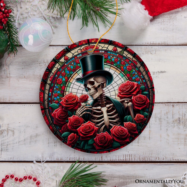 Elegant Bones Top-Hat Skeleton with Roses Stained Glass Style Ceramic Ornament, Halloween Themed Christmas Gift and Decor Ceramic Ornament OrnamentallyYou