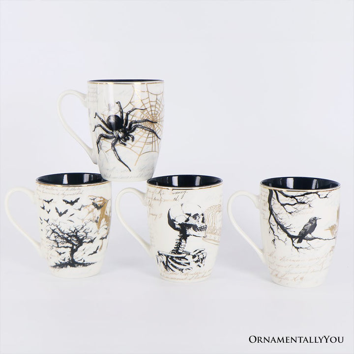(Pre-Order) Elegant Goth Set of 4 Ceramic Mugs with Real Gold Trim, Black and White Spooky Halloween Coffee Cup Kitchen Gift Mug Sets OrnamentallyYou