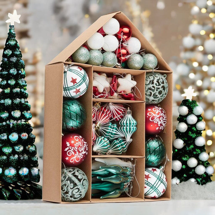 Elegantly Distinct Set of Christmas Ornaments Magenta, Green, White and Red Baubles, Icicles and Stars Ornament Bundle OrnamentallyYou