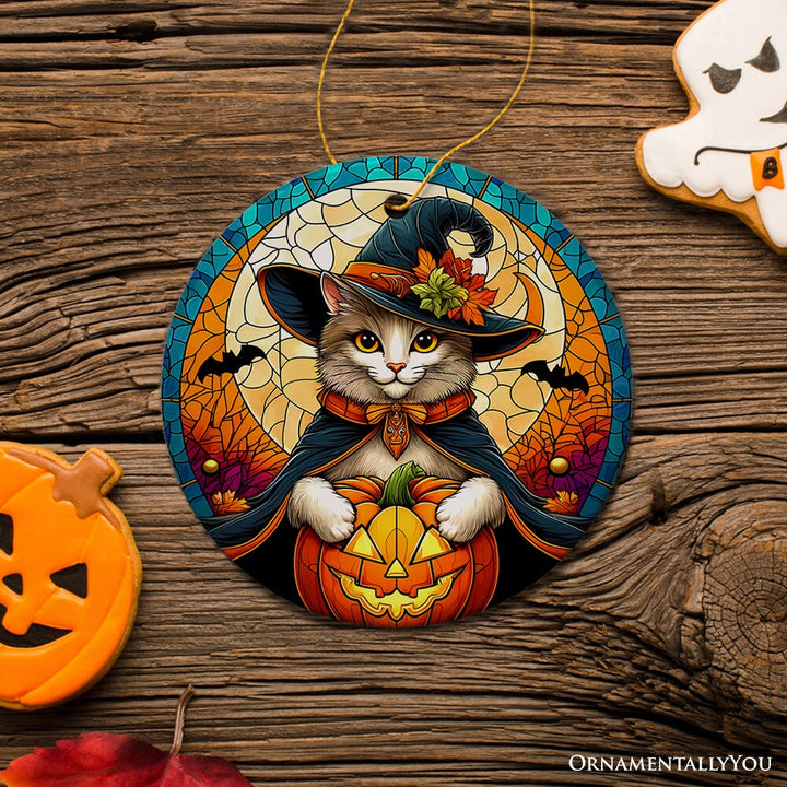 Enchanted Cat Witch Stained Glass Style Ceramic Ornament, Halloween Themed Christmas Gift and Decor Ceramic Ornament OrnamentallyYou