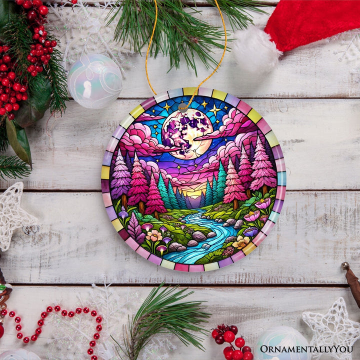 Enchanted Forest Glow Pink Themed Ornament, Mystical Moonlit Landscape Gift and Decor Ceramic Ornament OrnamentallyYou