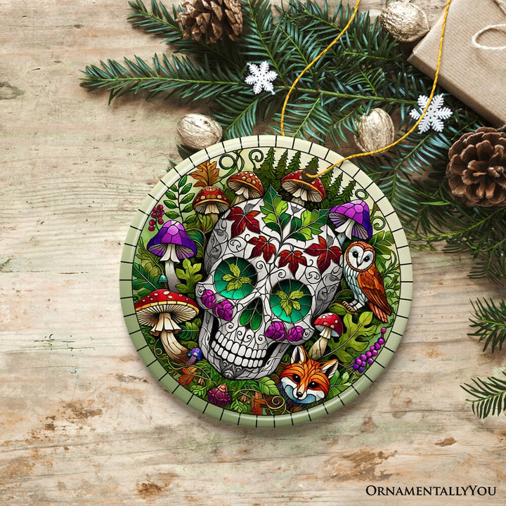 Enchanted Woodland Sugar Skull Ornament, Mystical Forest Christmas Gift and Decor Ceramic Ornament OrnamentallyYou