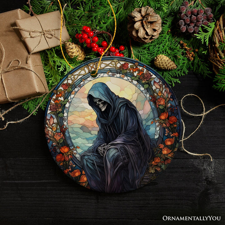 Ethereal Revenant: Halloween Angel of Death Stained Glass Style Ceramic Ornament, Halloween Themed Christmas Gift Ceramic Ornament OrnamentallyYou