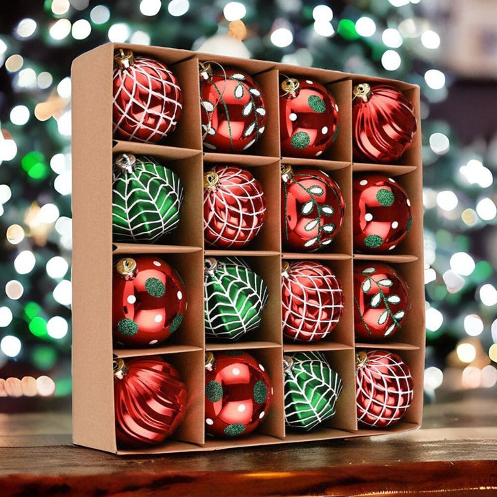 Festive Christmas Ornament Bundle, 16 Red and Green Glittered Baubles Ornament Bundle OrnamentallyYou
