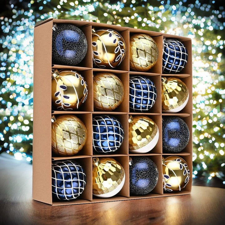 Festive Gold and Frosted Blue Assorted Ornament Bauble Bundle, Set of 16 Elegant Christmas Balls Ornament Bundle OrnamentallyYou