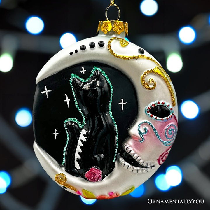 (Pre-Order) Folkloric Siamese Cat Sugar Skull Glass Ornament, Celestial Crescent Moon Halloween Decor Glass Ornament OrnamentallyYou