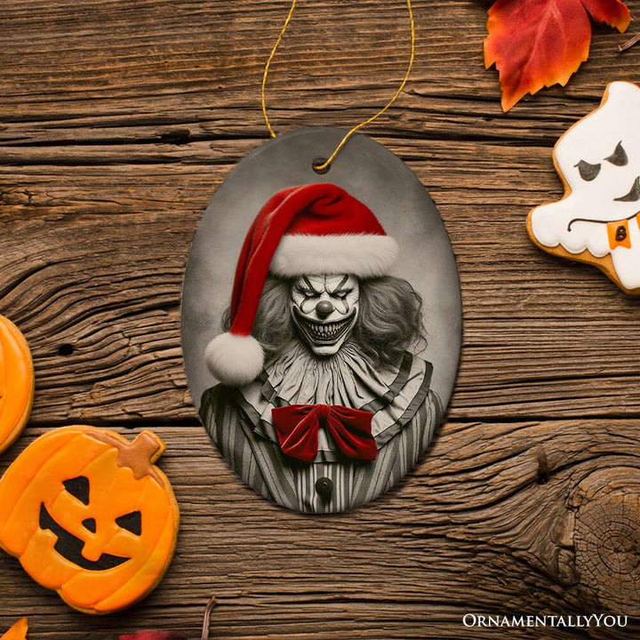 Frightening Clown with Santa Hat Ornament, Terrifying Holiday Keepsake for Spooky Tree Decor Ceramic Ornament OrnamentallyYou