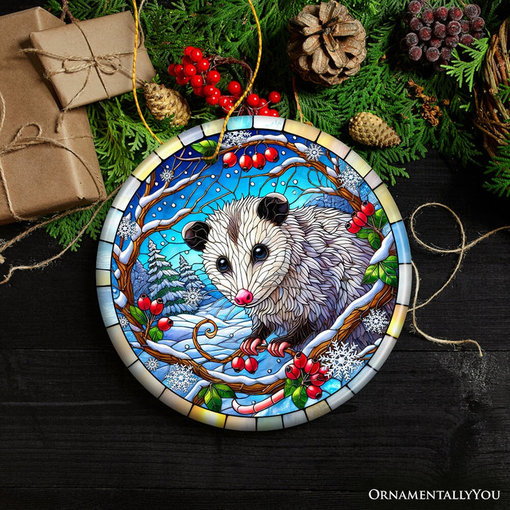 Frosty Possum in Berry Branches Ornament, Playful Winter Wonderland for Holiday Tree Decor Ceramic Ornament OrnamentallyYou