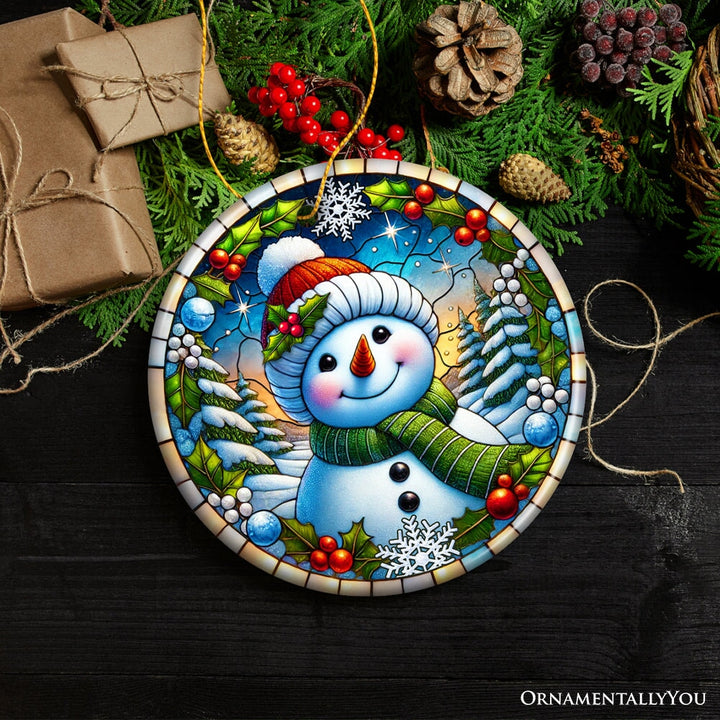 Frosty and Holly Snowman Ornament, Gift and Decor for Cheerful Winter Christmas Tree Ceramic Ornament OrnamentallyYou Circle Version 4