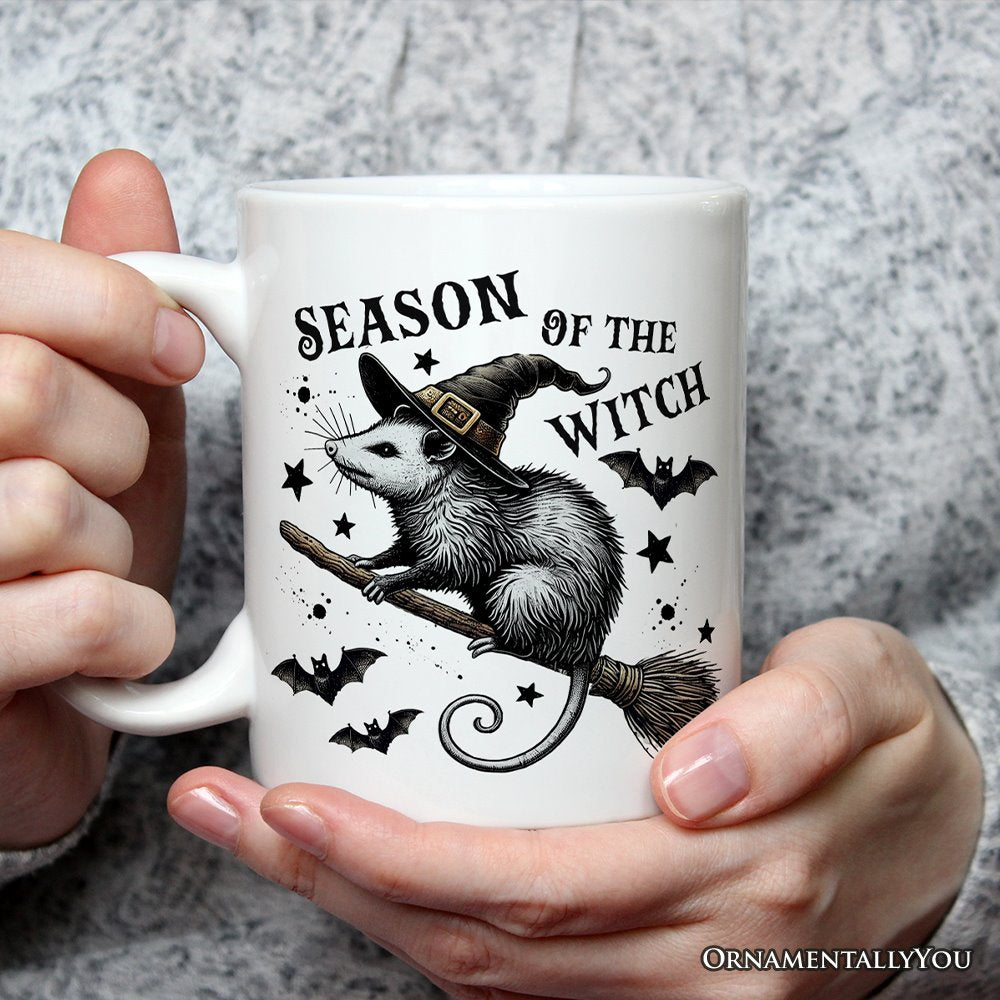 Funny Opossum Witch with Broom Personalized Mug, Vintage Halloween Gift with Custom Name Personalized Ceramic Mug OrnamentallyYou 12 oz Non-Customized
