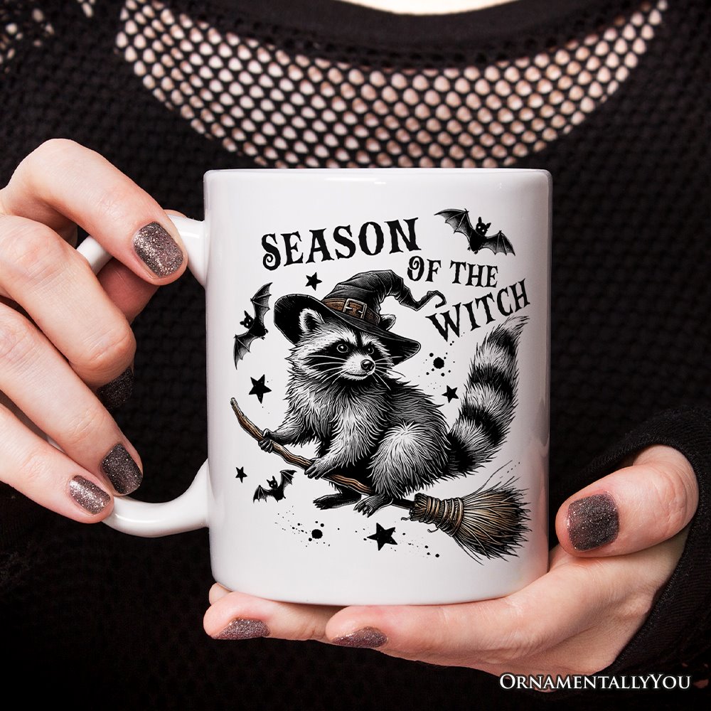 Funny Racoon Witch with Broom Personalized Mug, Halloween and Racoon Lover Gift Personalized Ceramic Mug OrnamentallyYou 12oz Mug Non-Custom