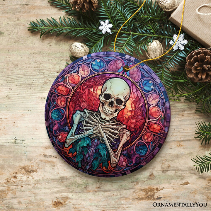 Ghastly Grins Haunted Halloween Skeleton Stained Glass Style Ceramic Ornament, Halloween Themed Christmas Gift Ceramic Ornament OrnamentallyYou