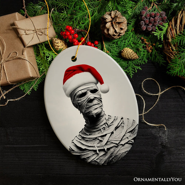 Ghoulish Mummy with Santa Hat Ornament, Sinister Holiday Keepsake for Halloween Lovers Ceramic Ornament OrnamentallyYou