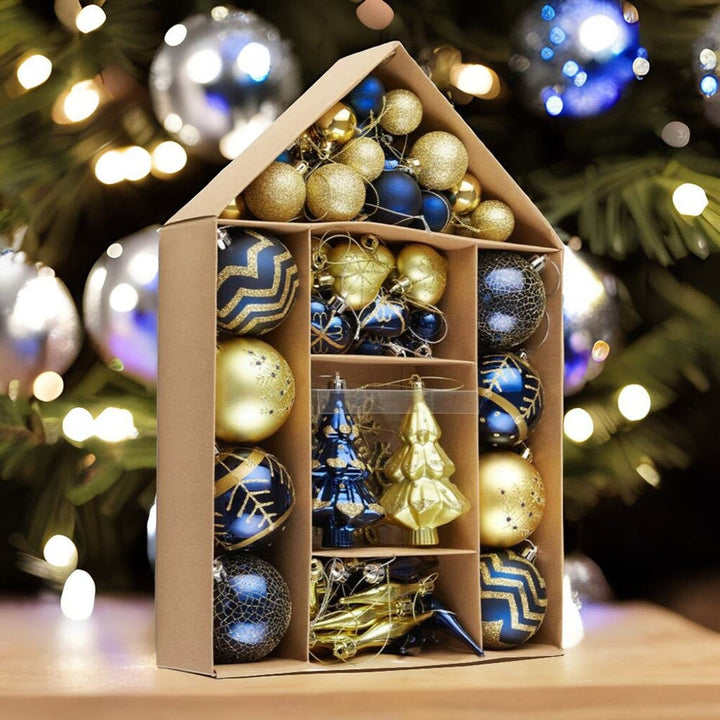 Glam and Glittered Gold and Blue Elegant Christmas Ornament Set, 70 Assorted Balls, Trees, Snowflakes, and Royal Heart Pendants Ornament Bundle OrnamentallyYou