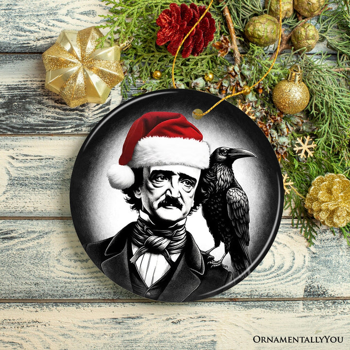 Gothic Edgar Allan Poe with Santa Hat And Raven Ornament, Spooky Halloween Tree Christmas Decor Ceramic Ornament OrnamentallyYou Circle