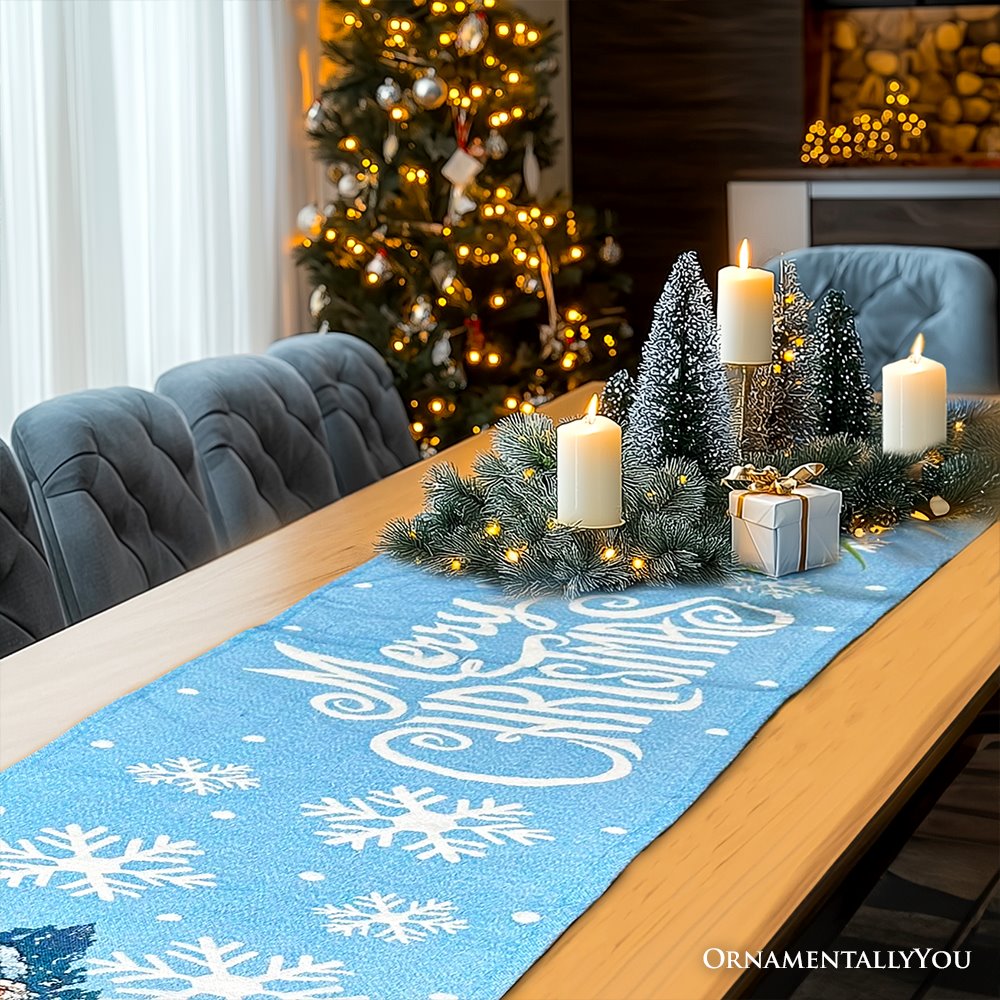 Gracefully Artful Winter Cabin 72" Table Runner, Merry Christmas Blue Rectangle Tablecloth with Snowflakes Table Runner OrnamentallyYou