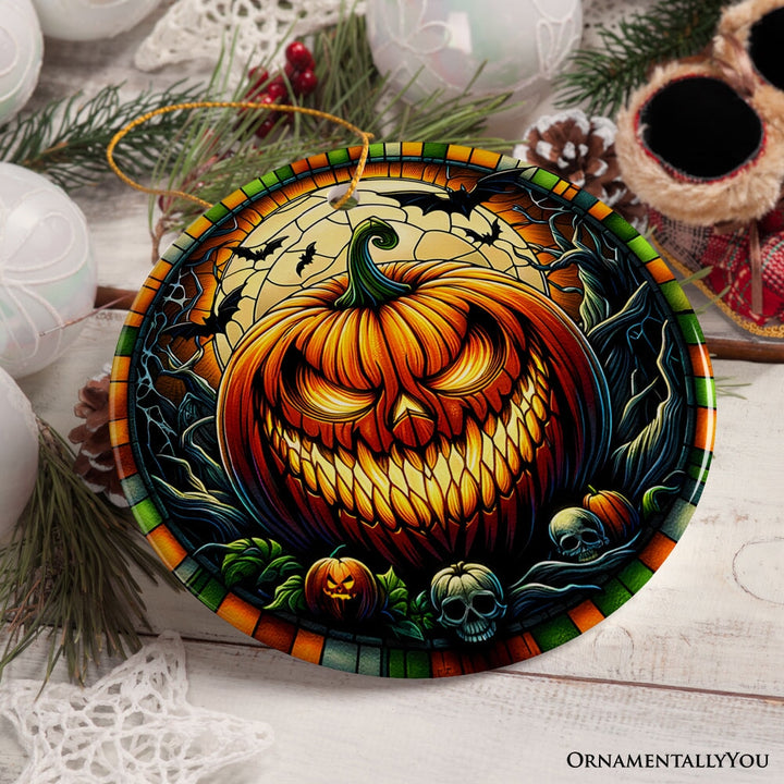 Grim Grinning Gourd Pumpkin Decor Stained Glass Style Ceramic Ornament, Halloween Themed Christmas Gift Ceramic Ornament OrnamentallyYou