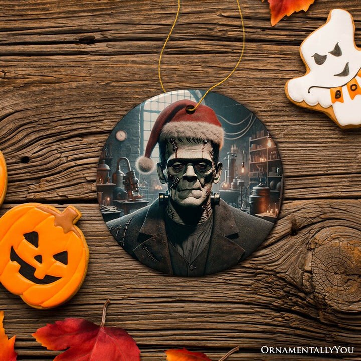 Grotesque Frankenstein with Santa Hat Ornament, Spooky Holiday Gift for Horror Fans Ceramic Ornament OrnamentallyYou